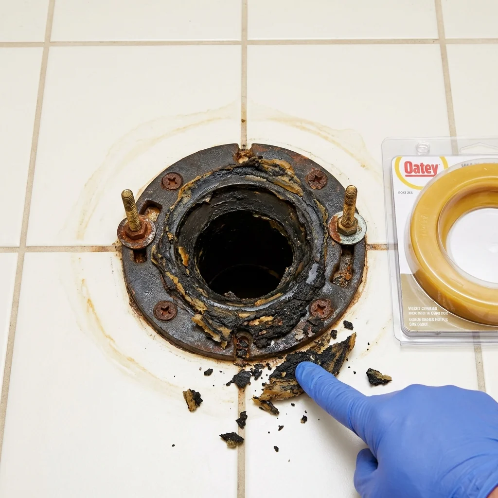 Failed wax ring showing water seepage at the base of a toilet in a Concord, VA home